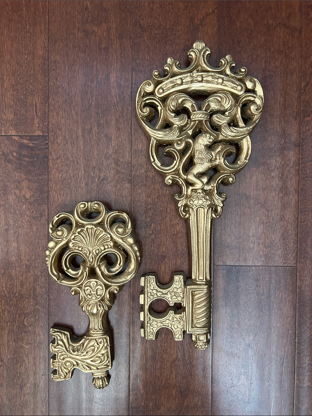 Vintage MCM Castlecore Oversized Ornate Gold Decorative Wall Keys, Set of 2